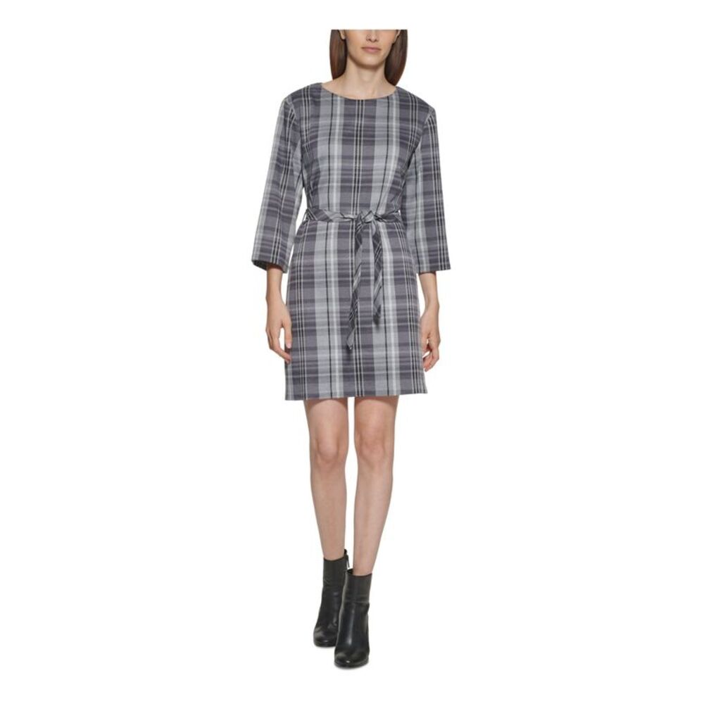 NWT CALVIN KLEIN Womens Gray Pullover Plaid 3/4 Sleeve Short Shift Dress 4